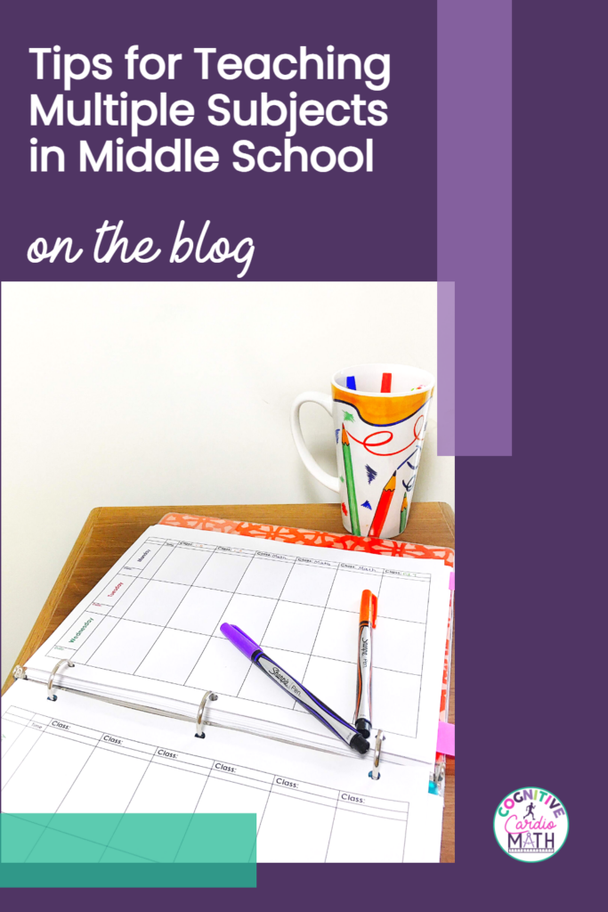 a binder on a desk with a mug full of pens and text that says tips for teaching multiple subjects in middle school