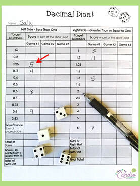 Decimal Dice is a challenging math game to help your students practice converting fractions to decimals. Upper elementary and middle school students love this game - it's fun and it makes them think!
