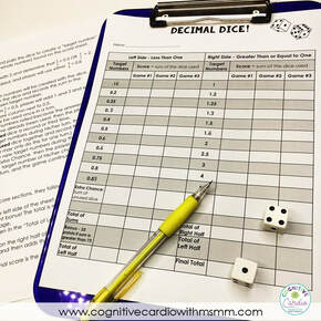 image of decimal dice sheet for math game
