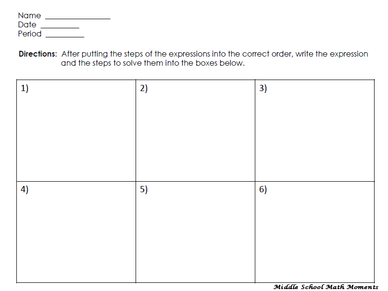 Order of Operations sequencing activity recording sheet