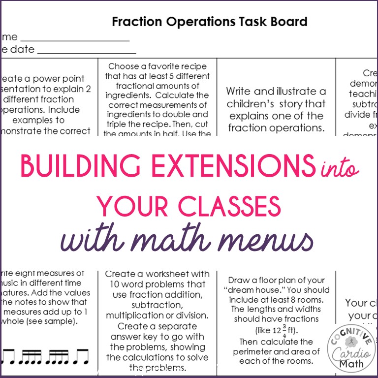 math menus for extensions for gifted students in middle school math