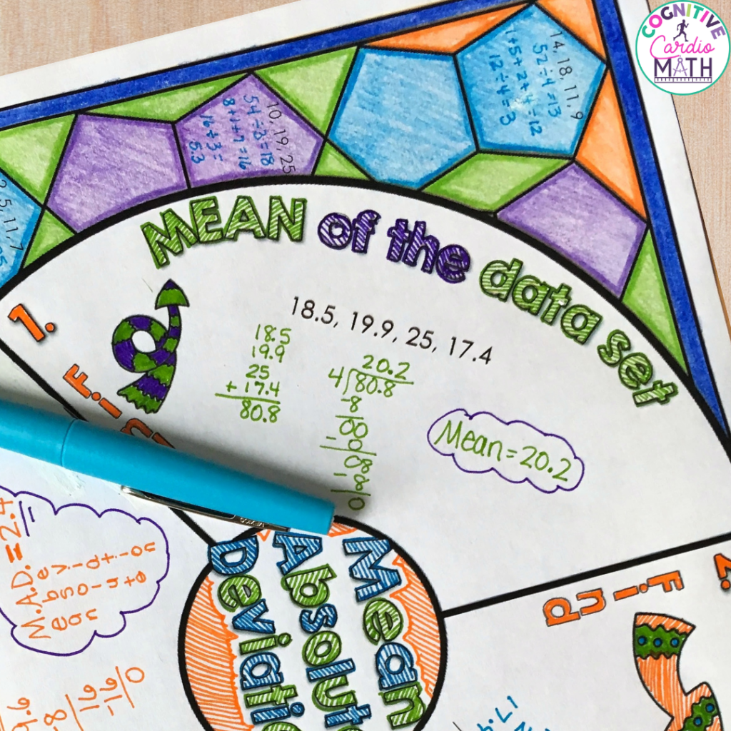 On my Mean Absolute Deviation Wheel, students are able to record a data set and calculate the mean. Talking students through this part of the wheel is beneficial.