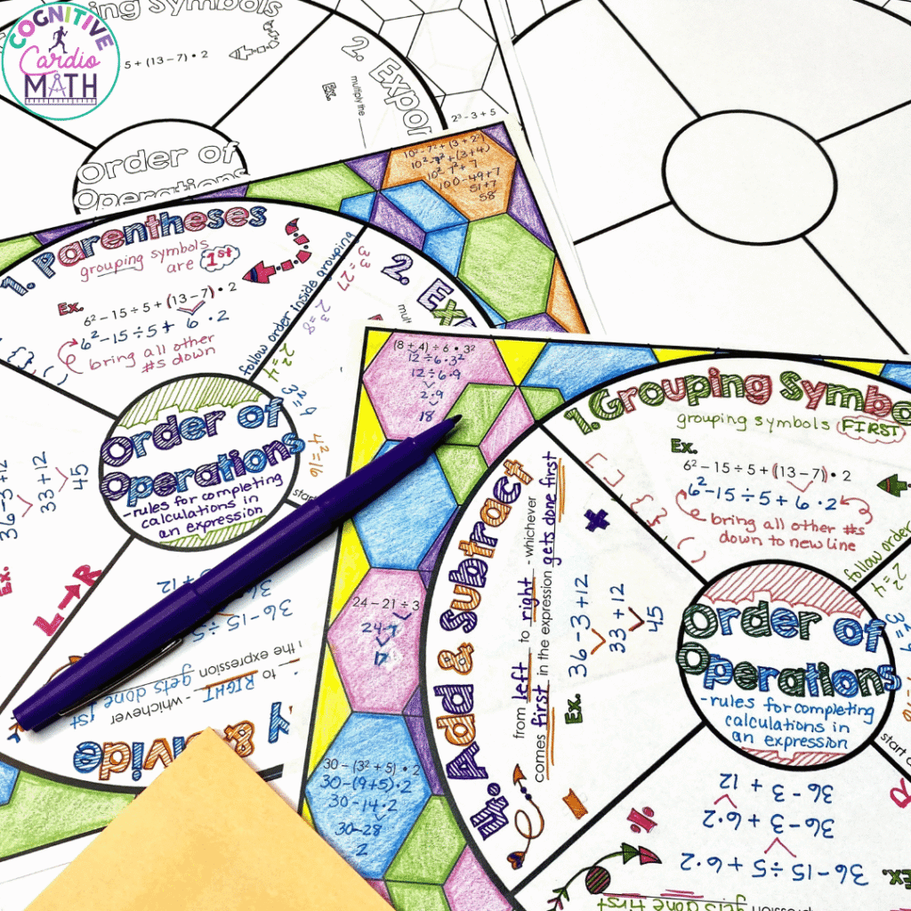 The Order of Operations Math Wheel organizes the process into clear sections. The sections focus on grouping symbols, exponents, multiplication and division, addition and subtraction.