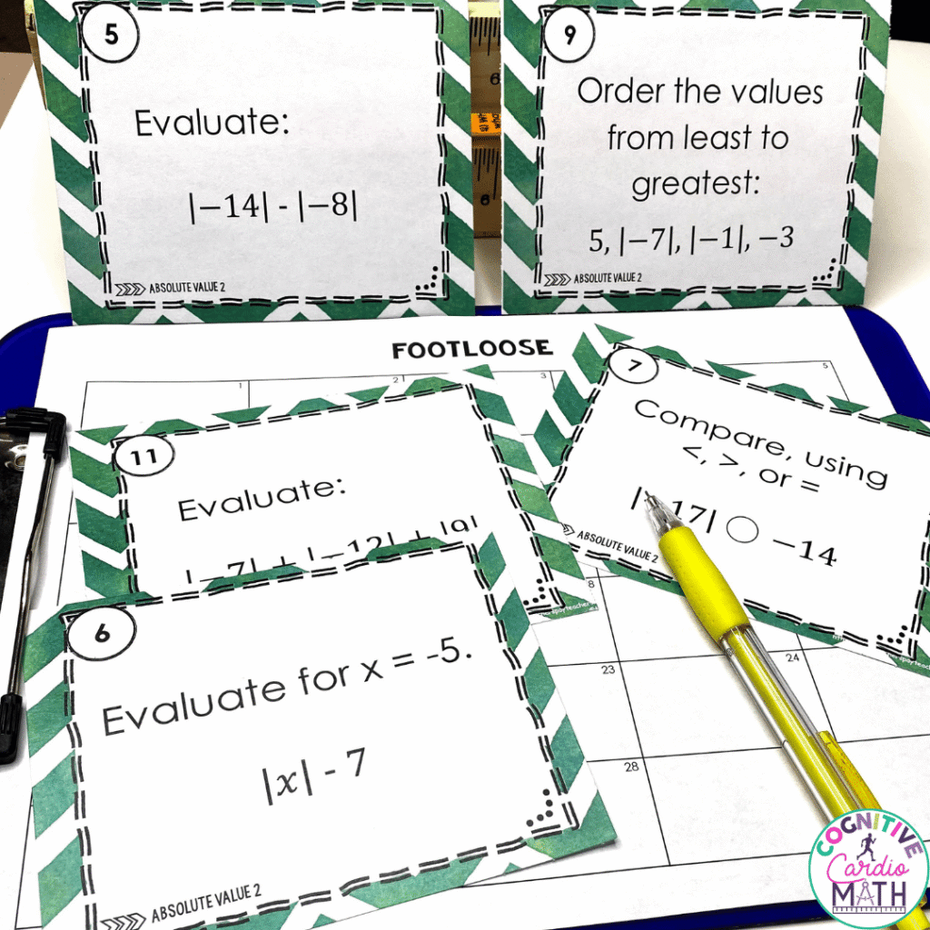 I recommend beginning with Absolute Value Footloose Task Cards Volume 1 for your students who are still building confidence with identifying and comparing absolute value. Once they're successful, you can introduce Absolute Value Footloose Task Cards Volume 2. 