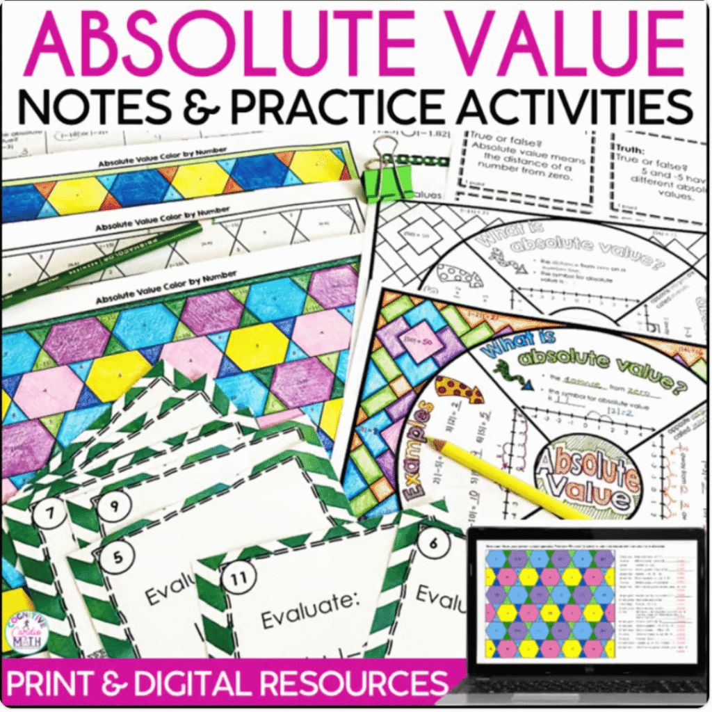 My Absolute Value bundle brings together every resource I've shared throughout this lesson sequence. You can introduce the concept with the Absolute Value Lesson, and reinforce it using the Absolute Value Math Wheel. Then, you can build fluency with the Absolute Value Color by Number, review with Absolute Value Truth or Dare, and differentiate practice using the Absolute Value Footloose Task Cards. Instead of piecing together activities from multiple places, you'll have a complete progression ready to go.