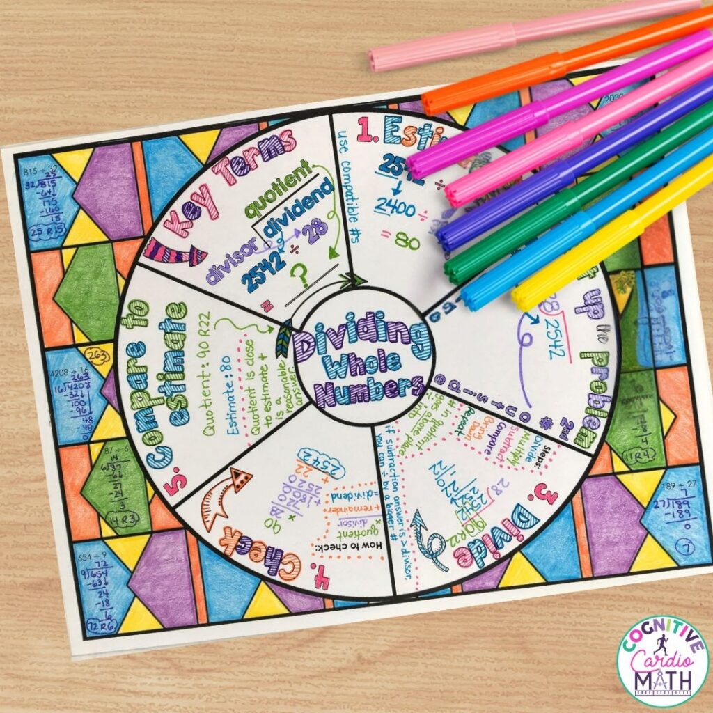 On my 5th Grade Long Division Math Wheel your students will work through key terms, estimating, setting up the problem, dividing, and checking.