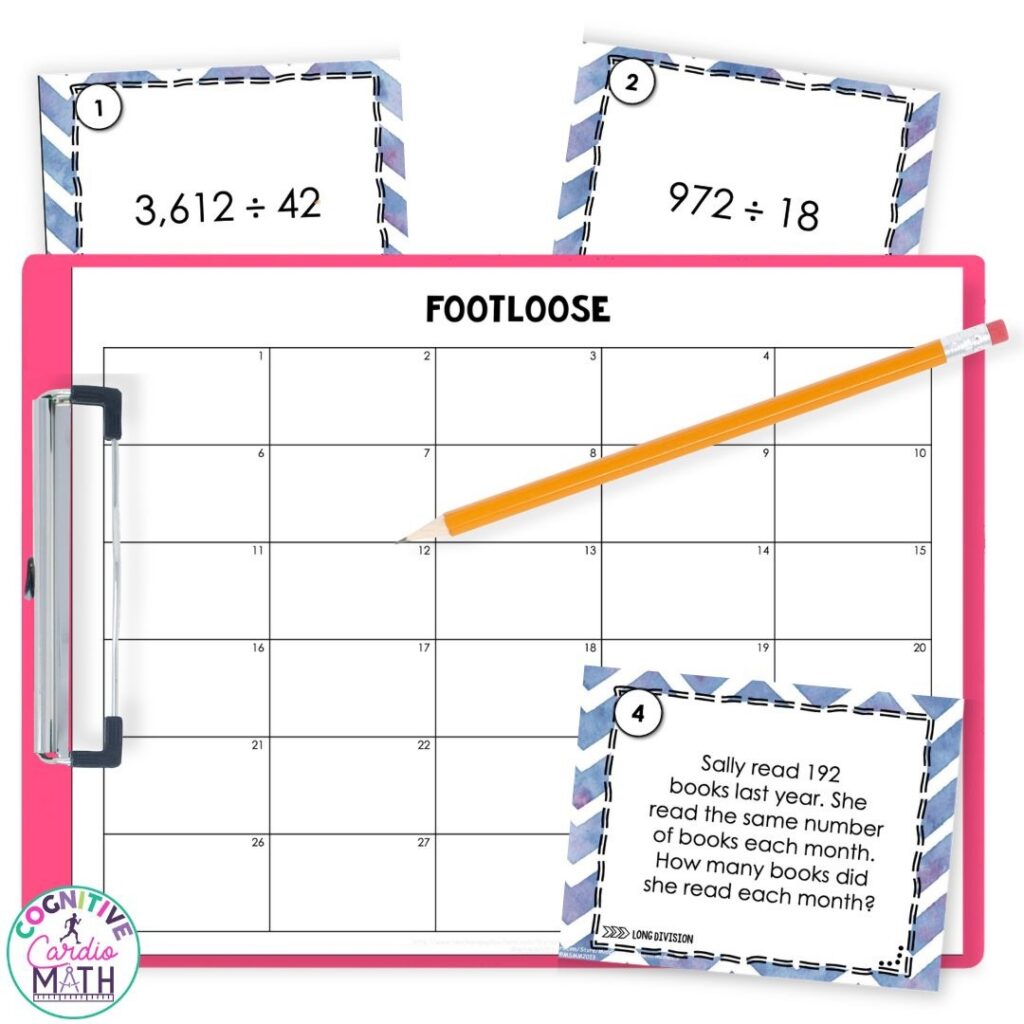 Using my Long Division Footloose Task Cards students solve the math problems on each task card, and will divide three- and four-digit numbers by two-digit divisors without remainders.