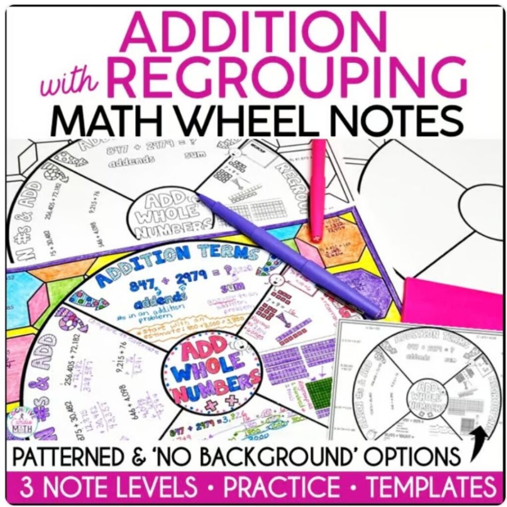 Grab my Addition with Regrouping Math Wheel or Addition with Regrouping Color by Number to bring these strategies into your classroom. Then, explore my TPT store for even more math wheels, color by number activities, complete units, task card activities, and other math resources. Whether your students need more support understanding a skill or more opportunities to practice independently, you can find resources to help you meet them where they are.