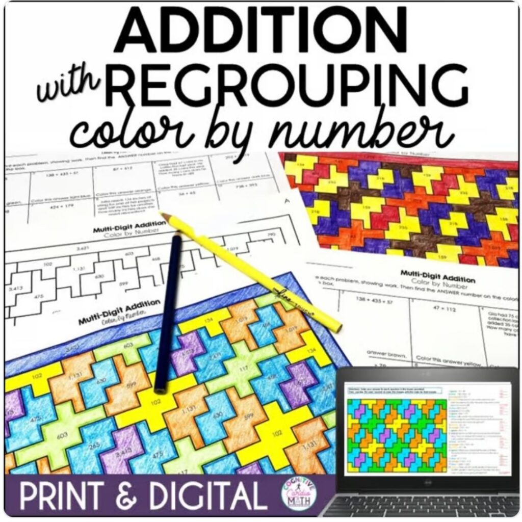 Grab my Addition with Regrouping Math Wheel or Addition with Regrouping Color by Number to bring these strategies into your classroom. Then, explore my TPT store for even more math wheels, color by number activities, complete units, task card activities, and other math resources. Whether your students need more support understanding a skill or more opportunities to practice independently, you can find resources to help you meet them where they are.