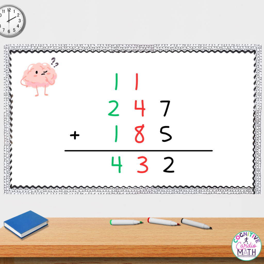 Use color coding to help students visualize what happens with regrouping in addition.